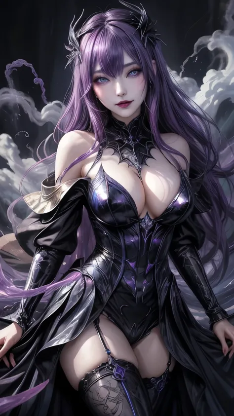 強力なスーパーevil女がクローズアップでポーズをとる, Black Goddess (Exposing shoulders), length, Flowing purple hair, View your viewers, Highly detailed face, Perfect hands, Blue smoke swirling around her, evil事を愛する, Captivating blue eyes, Dark fantasy, Genuine, Symmetric, Attent...