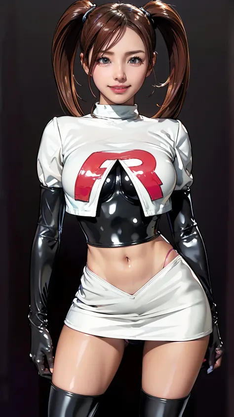 (masterpiece, Highest quality, In 8K, Very detailed, High resolution, Realistic:1.2), (Latex Team Rocket uniform:1.3), (Grin:1.2), (Brown Hair, Twin tails, Mid-length hair:1.2), (Cowboy Shot:1.3), (20 year old Japanese woman:1.2), (Shorten your skirt:1.3),...