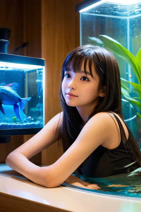 Illustration of a cute girl watching a male betta fish in an aquarium