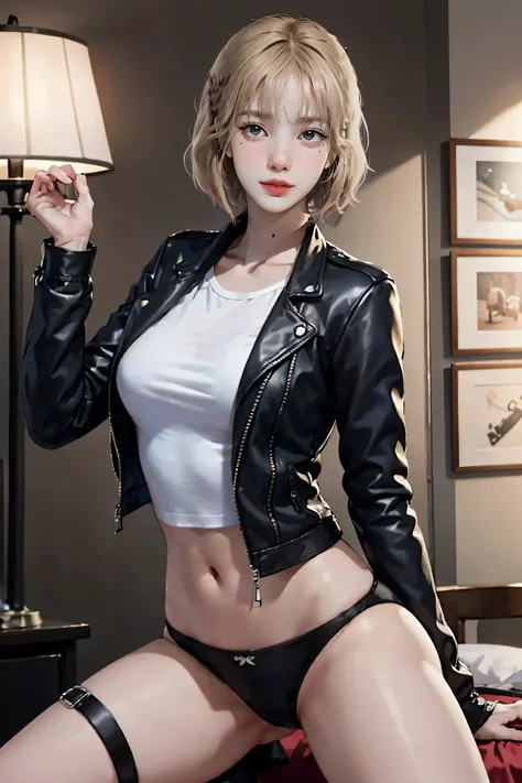 (((Highest quality: 1.4))),(An unparalleled masterpiece), (Ultra-high resolution),(Ultra-realistic 8K CG), Official Art,Large Breasts (((Adult body))), (((Girl in a sexual position))), , Punk girl with a perfect body, Metallic spine jacket,Beautiful and we...