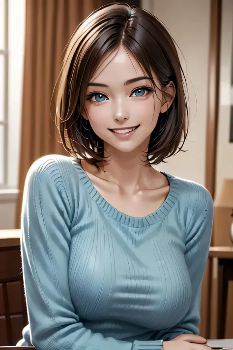 ((realistic light, highest quality, 8k, tabletop: 1.3)), 1 girl, brunette pixie cut, large breasts, (summer sweater), highly det...