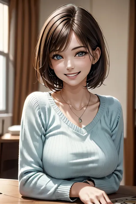 ((realistic light, highest quality, 8k, tabletop: 1.3)), 1 girl, brunette pixie cut, large breasts, (summer sweater), highly det...