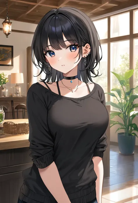 best quality, super_delicate, ultra detailed, beautiful, 8k , 1girl, milf, black hair, casual clothes, earrings, choker, indoor, bright