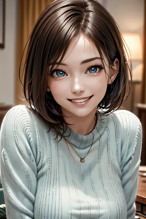 ((realistic light, highest quality, 8k, tabletop: 1.3)), 1 girl, brunette pixie cut, large breasts, (summer sweater), highly det...