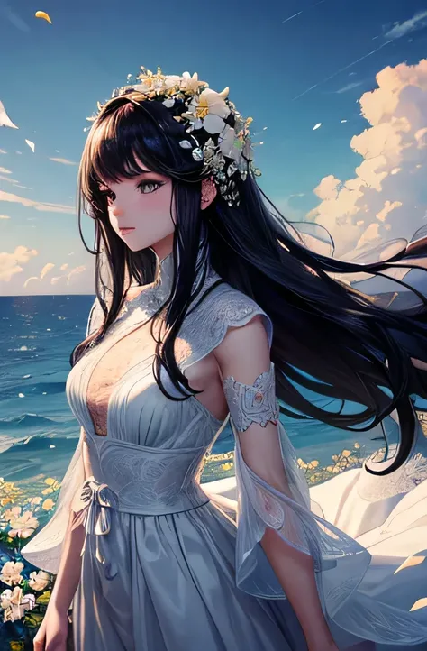 masterpiece, best quality, ultra-detailed, intricate illustration, detailed lighting, rim lighting，4k， A girl，Black eyes，Long black hair，White skin，White dress，sunlight，sea of flowers，Hair blown by the wind，{beautiful}