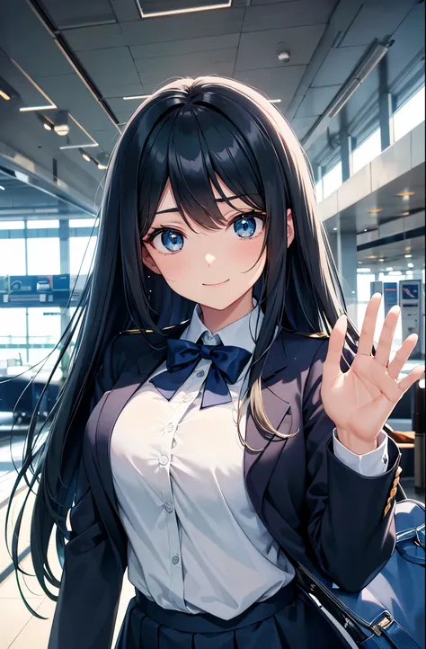 Voluminous dark green hair, long straight hair, strong gaze, big droopy eyes, blue eyes, looking at me shyly, sparkling eyes, focus on face, fresh smile, big droopy eyes, blue eyes, navy blue stewardess uniform, navy blue blazer, long skirt, greeting, over...