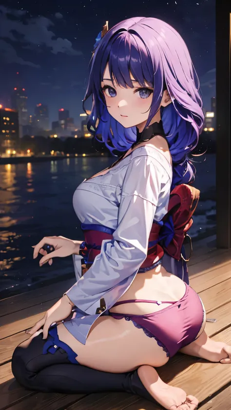 Cute Girls、Spread your legs、Butt、On all fours、Panties、Buttを突き出す、look back、Dark purple kimono、kneel、Low - Angle、Braided long hair、Purple Hair、night、Buttを見せる