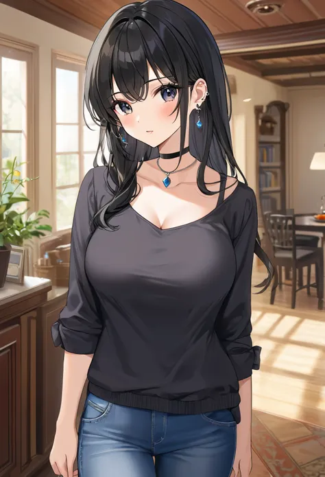 best quality, super_delicate, ultra detailed, beautiful, 8k , 1girl, milf, black hair, casual clothes, earrings, choker, indoor, bright