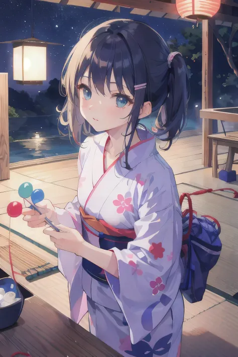 night、stall、Playing with small water balloons、yukata