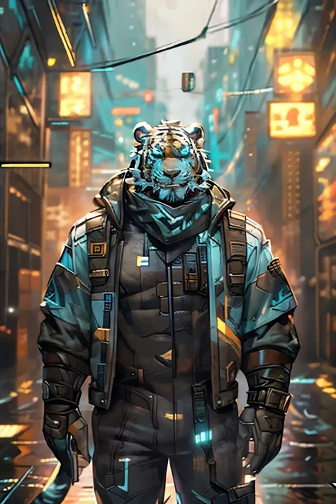 black police uniform，rainy day，strong，male black tiger orc，grey scarf，full body painting，cyberpunk，facing the camera