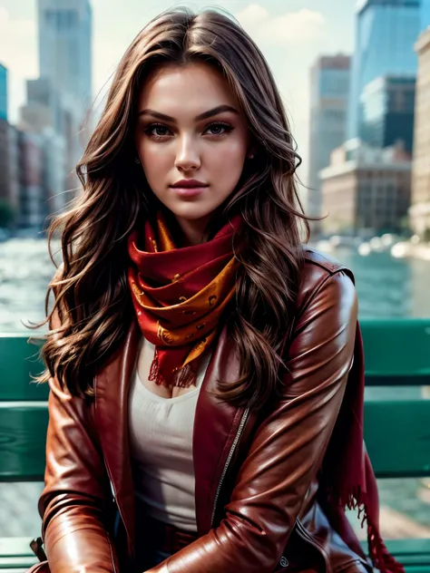 Super Detailed, full body image, gorgeous woman (rachelp1zz0l4tov2), sitting on a bench wearing a scarf and a jacket, red scarf, scarf, wearing a scarf, patterned scarf, athletic fashion photography, professional sports style, red silk scarf, auburn outfit...