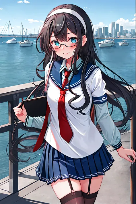 best quality, masterpiece, highres, solo, {ooyodo_kantaicollection:1.15}, black_hair, long_hair, glasses, hairband, semi-rimless_eyewear, under-rim_eyewear, blue_eyes, green_eyes, blush,small_breasts, 1girl, school_uniform, serafuku, pleats_skirt, looking_...