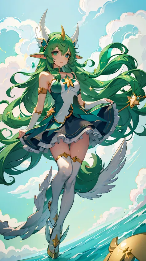 1 girl, star guardian soraka, league of legends, green hair, horn on head, elf years , green eyes, black dress lift, thigh-high ...