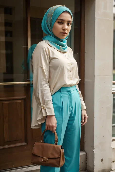 Lady wearing turquoise hijab, beige blouse and brown pants 