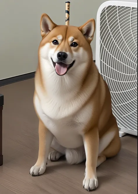 there is a dog sitting next to a fan on the floor, anthropomorphic shiba inu, shibu inu, shiba inu portrait, shiba inu dog, shiba inu, doge, inspired by Shiba Kōkan, japanese dog, shiba inu holding a baseball bat, [ realistic photo ]!!, doge meme