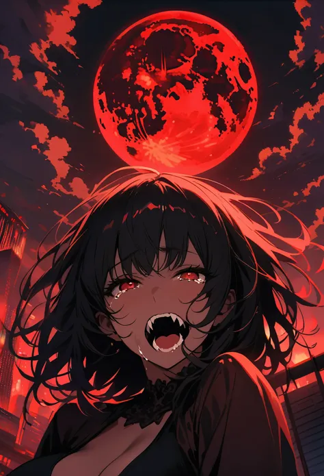 Big red moon, Skyscraper rooftop, Woman Standing in Darkness:1.2, Uneasy atmosphere,Dark night above the city, Red Moon, Thick clouds hang over the, Detailed face of a woman, Long eyelashes, Seductive pose、Crying and laughing, Open your mouth, Sharp Fangs,...