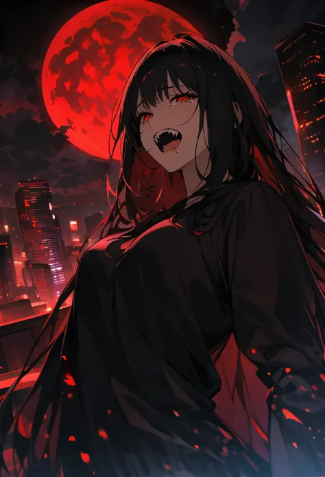 Big red moon, Skyscraper rooftop, Woman Standing in Darkness:1.2, Uneasy atmosphere,Dark night above the city, Red Moon, Thick clouds hang over the, Detailed face of a woman, Long eyelashes, Seductive pose、Crying and laughing, Open your mouth, Sharp Fangs,...