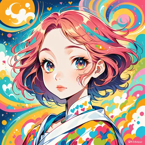 Mika Pikazo style, Simple Line Initialism，Abstract art, colorful hearts ,colorful hearts, (((The most beautiful girl of all time))), Space Travel, Cute and colorful amoeba, Lips in love