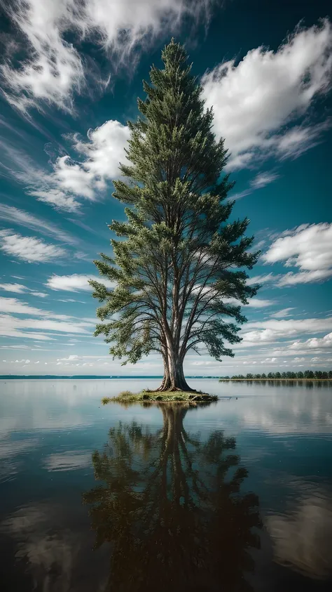 a towering tree, there is a big tree on the island in the lake, tree trunks and branches pierce the sky, world tree, mysterious ...