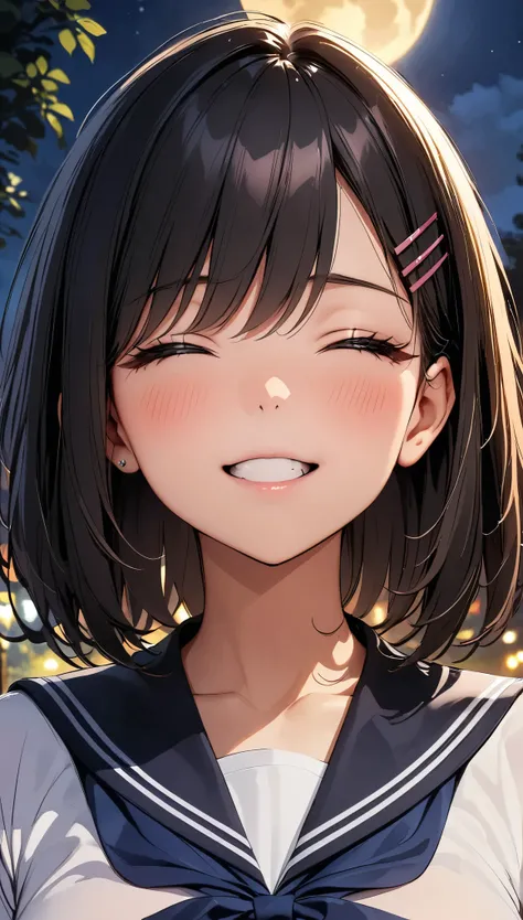 Commemorative photo of girls, 1 Girl, Black Hair, Shortcuts, Hair clip, 17-year-old girl, School uniforms, Sailor suit, (((Night Park, Big moon background:1.4))), blush:1.2, With a letter:1.4, Close your eyes and laugh, ((Mouth slightly open, An important ...