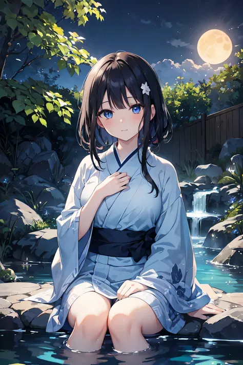 A woman relaxing in a hot spring,Black Hair、blue eyes、２０generation,Looking up at the moon、yukata、Satisfied face,Beautiful light of inspiration,Elegant water flow,Calm atmosphere,Quiet and calm background