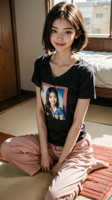 Highest quality, masterpiece, Ultra-high resolution,8k, (Realistic:1.6), (My Roomでのポートレート:1.4)),((My Room,Bed on tatami mat)),Slim Body,RAW Photos,((Smiling with teeth showing)),((Short sleeve pajamas)),((Cute face)),Slim 26 year old adult female,1 person ...