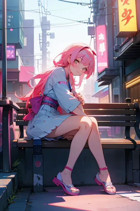 Cute anime girl sitting on a bench in the streets of japan neon lights 