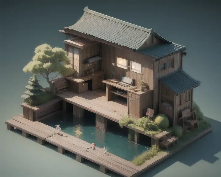 Moon，Koi Pond 1:20 miniatures，Fully detailed，Dreamy tones，Isometric view，c 4 d，Cyberpunk，close up。
Good gloss，best quality，High-definition quality 