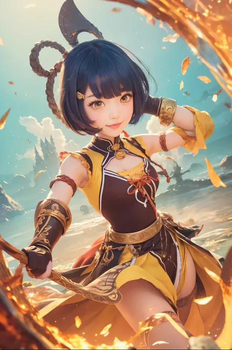 {smiling anime girl warrior with luminescent, short deep blue hair styled in intricate double buns, each adorned with golden fil...