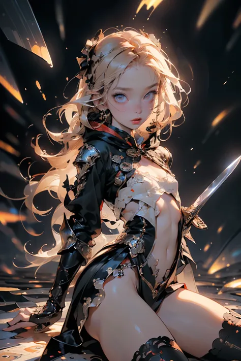 (((masterpiece, of the highest quality, super detailed))), (a female knight of an occult order), ((((a sword with a digital glitch-like effect to the blade as though it is rapidly flickering in and out of reality, with a very slight warping effect around i...