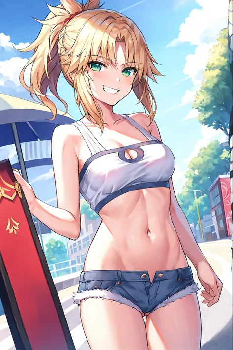 Masterpiece, Best Quality, illustration, city_street_landscape, 1girl, Mordred (fate), cowboy shot, collarbone, Detailed blond hair ponytail braid, green eyes, Red leather jacket, White short blouse, denim shorts,navel,thigh-high,grin, covered_pussy,skiny,...