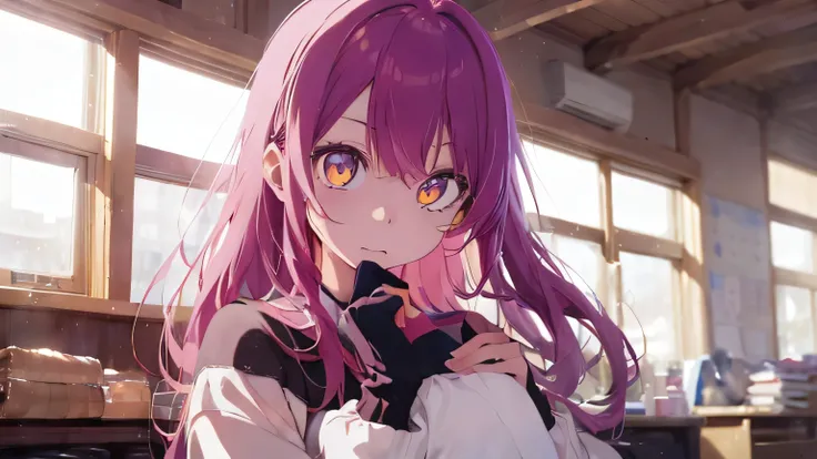 ((Highest quality)), ((masterpiece)), (detailed), One girl、Pink Hair、Yellow Eyes、Long Hair、Hypnosis Sorcerer、Hypnosis、Hoshino Ai | Ai Hoshino| Oshi No Ko | My Favorite Child ,hypno,gauze,sweater、look at me、stare、pink hair、front