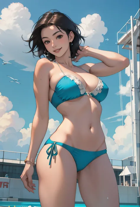 Realistic、Face reality、With a girl、Swimwear、Sexy smile、My breasts have gotten a little bigger、Sexy pose、High diving board、Bandeau bikini、Less fabric area、