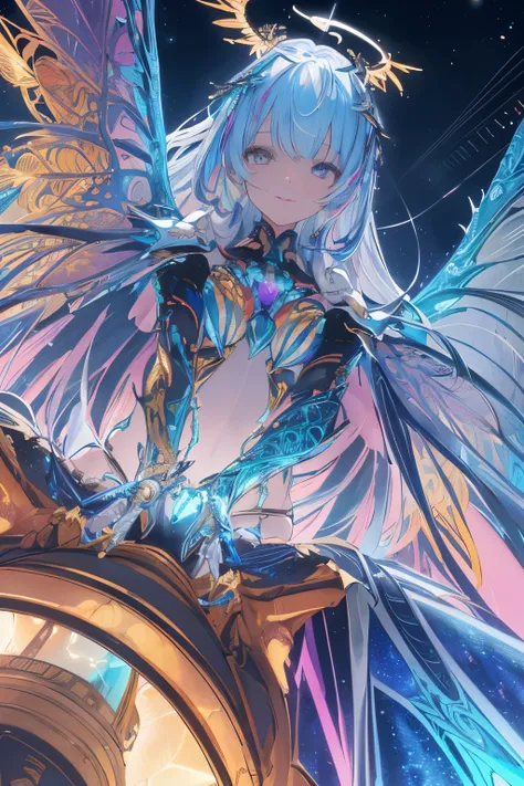 (best quality, masterpiece, colorful, dynamic angle, from below, highest detailed)upper body photo, full body photo, fashion photography of cute mechangel, glowing 4 wings, solo, glowing armor, glowing halo, building, glowing mechanical 4 wings (intricate ...