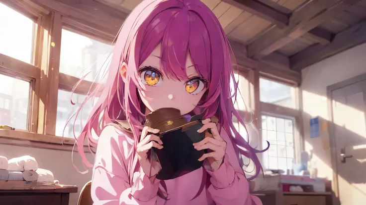 ((Highest quality)), ((masterpiece)), (detailed), One girl、Pink Hair、Yellow Eyes、Long Hair、Hypnosis術師、Hypnosis、Hoshino Ai | Ai Hoshino| Oshi No Ko | My Favorite Child ,hypno,gaze,sweater、look at me、stare、pink hair、front