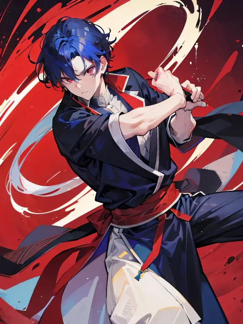 A handsome man, Monk, red crimson eyes color, dark blue hair color, 27-year-old, fighting, fist