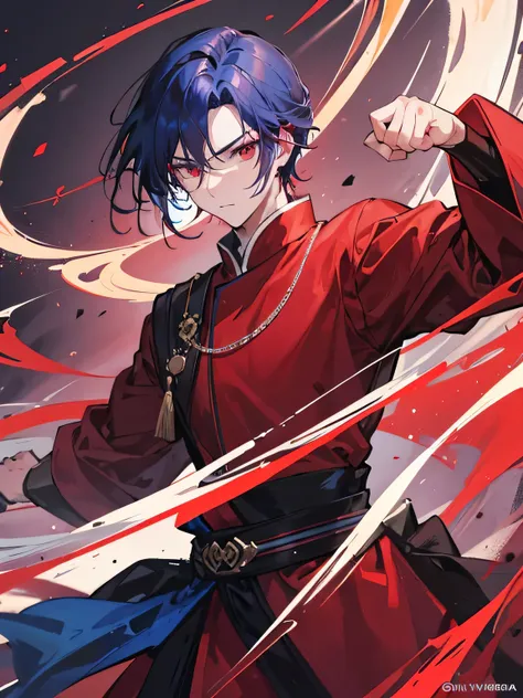 A handsome man, Monk, red crimson eyes color, dark blue hair color, 27-year-old, fighting, fist