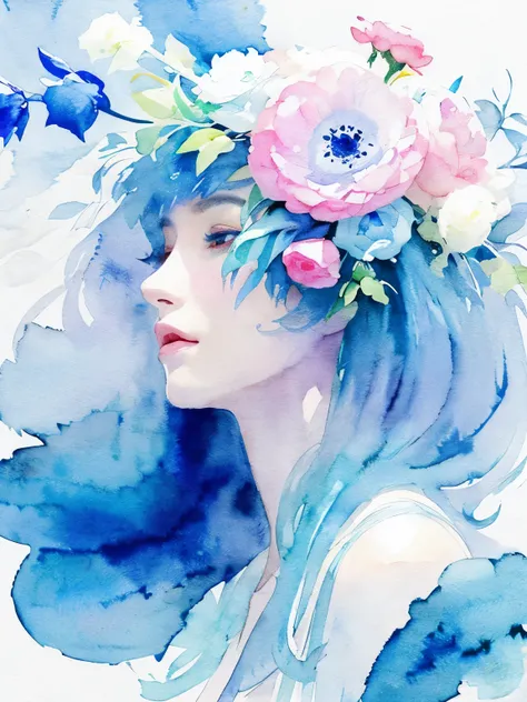 1girl,flower, Lisianthus ,in the style of light blue and cobalt, dreamy and romantic compositions, pale pink, ethereal foliage, playful arrangements,fantasy, high contrast, ink strokes, explosions, over exposure, blue and light blue tone impression , abstr...