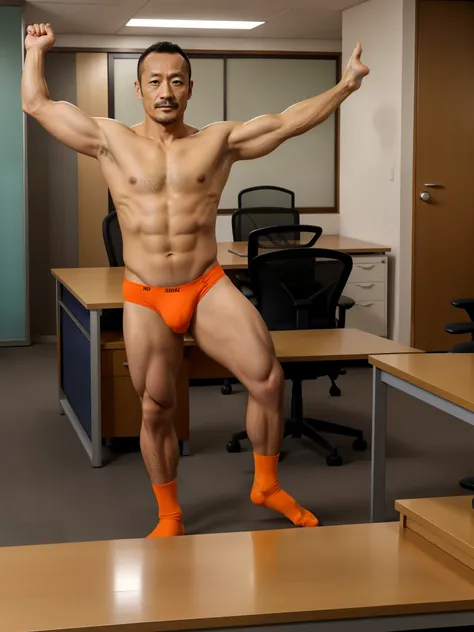 40 years old，Hidetoshi Nakata，（Kogoro Mori 1.3），whole body，Lean，muscle，office，Orange socks，Feet raised，On the table，Standing，Baldhead ，transparent，Thick body hair，underwear，Topless，Densely hairy，Fortitude，HD，With a mustache