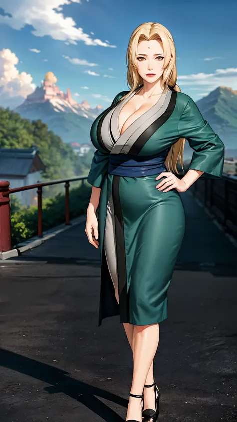 (big tits), fullbody, feet, high heels, slim waist, cleavage, good anatomy, masterpiece, best quality, 4k, 8k, professional photography, soft light, 1 girl,  blonde hair, kimono, (mountain), clouds, blonde hair, parted banks, detailed face+brown eyes, smil...