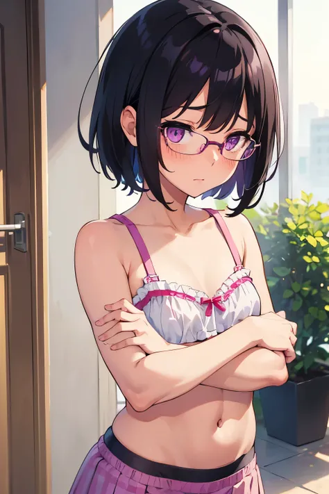 Elementary school girl, 8 years old, toddler, flat chest, black hair, short bob, glasses, purple eyes, embarrassed expression（One person）） Plain white bra on the upper body　Pink checkered panties on the lower body　（（I can see her panties））　Girl&#39;s Room　...