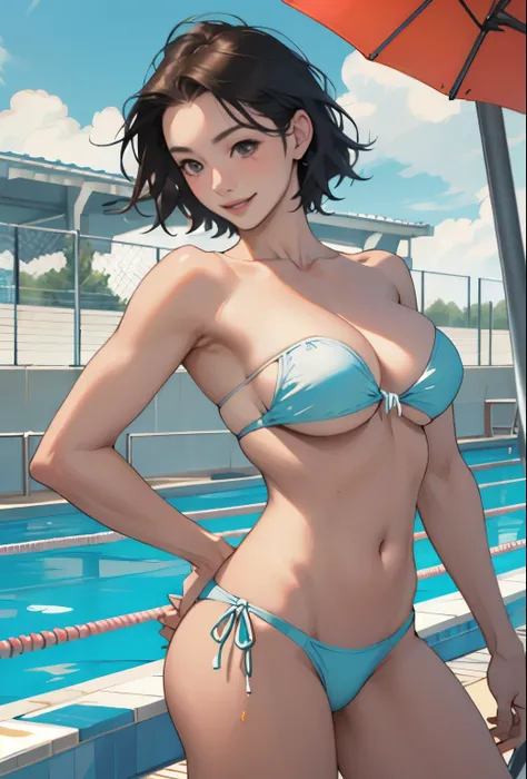 Realistic、Face reality、With a girl、Swimwear、Sexy smile、My breasts have gotten a little bigger、Sexy pose、High diving board、Bandeau bikini、Less fabric area、