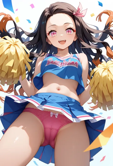 score_9, score_8_up, score_7_up, nsfw, (Demon Slayer, kimetsu no yaiba style), nezuko kamado, (1girl, solo), (Cheerleader, HaruCheerUniform, sleeveless, (bare abdomen, navel)), (blue skirt, windyupskirt, pink panties, camel toe), (wavy hair, long hair, two...