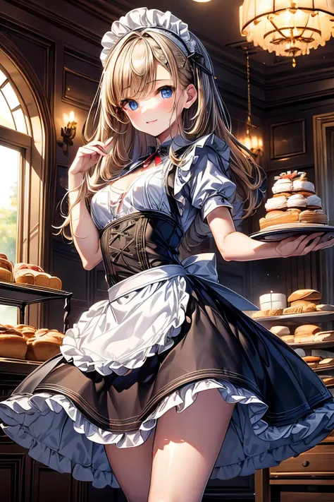 masterpiece,Highest quality,Very detailed,Maid Girl,Maid clothes,Long Skirt, teenager,Perfect Face,smile,Beautiful and detailed eyes,Beautiful Skin,skinny,Small breasts,Dynamic,bakery,Dynamic Angles