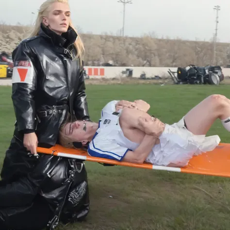 blonde woman in black leather jacket holds a man on a stretcher, injured, Gary Ruddell, sascha schneider, very sad, crashed into the ground, marta syrko, matej ‘retro’ jan, sandra chevier, aesthetic shot, Photo still, sergey krasovskiy, Real photo, malika ...