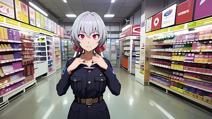 1 female,Browsing Caution, ((convenience store, night)), ((stand up, salute)),Silver Hair,Twin tails up to the waist, (((Female police officer,Her breasts are exposed))), Full body image,Full body image,clavicle, Hollow Eyes, ((big 1.3)),((hypnotism,Mind c...
