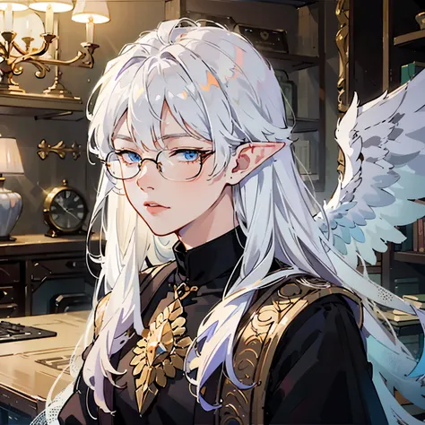 ((1boy)), white hair, very long hair, fluffy hair, sharp jawline, (masculine), elf ears, angel wings, (blue eyes), high quality, dramatic lighting, (((focus on face))), thin-frame glasses, (neutral expression), (fisheye), solo, ((looking to the side))
