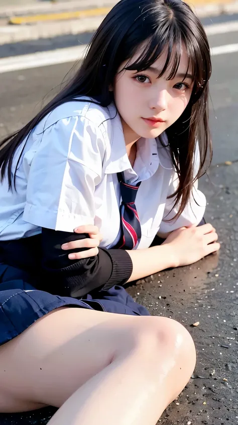 Highest quality, masterpiece, 1 girl, 14~18-year-old, Beautiful Face, Realistic, High resolution,School, Student Uniform,sexy,　Lying down