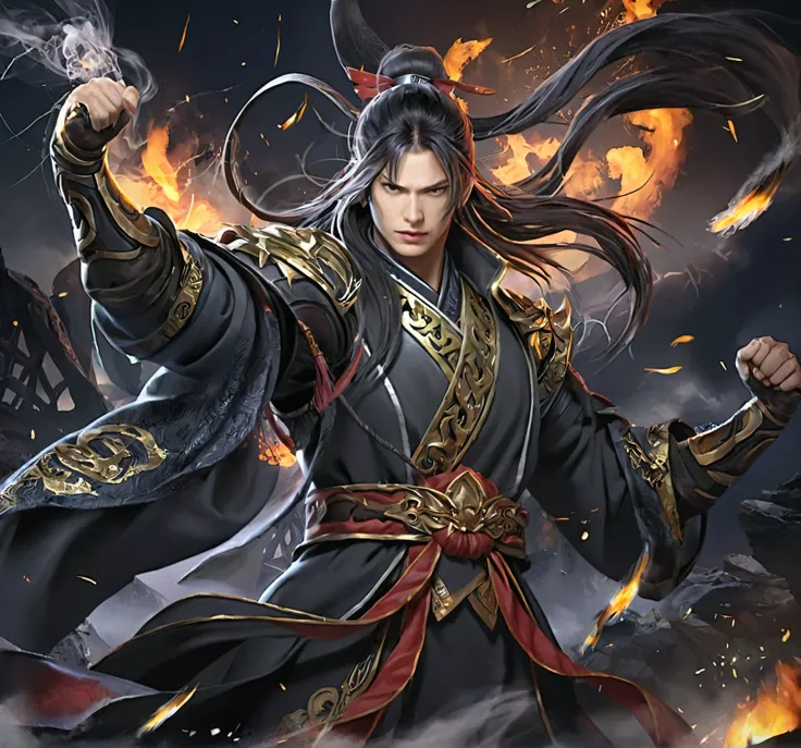 （ruins）eyes filled with angry，He clenched his fists，Rush up，Deliver a fatal blow to your opponent，full bodyesbian，Full Body Male Mage 32K（tmasterpiece，k hd，hyper HD，32K）Long flowing black hair，Camping site area，zydink， a color， patriot （ruins）， （Linen bati...