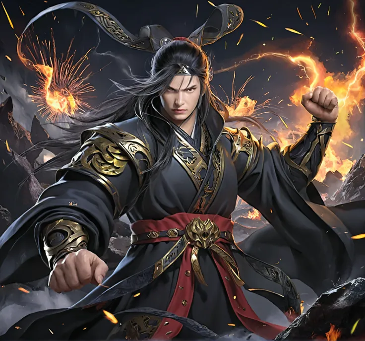 （ruins）eyes filled with angry，He clenched his fists，Rush up，Deliver a fatal blow to your opponent，full bodyesbian，Full Body Male Mage 32K（tmasterpiece，k hd，hyper HD，32K）Long flowing black hair，Camping site area，zydink， a color， patriot （ruins）， （Linen bati...